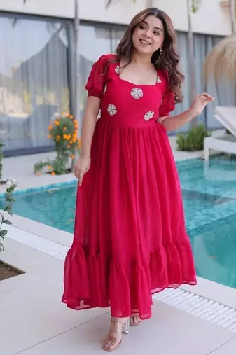 fuchsia pink beaded embroidered fendi silk long kurti
