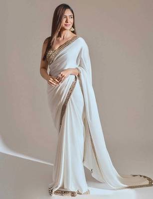 white silk blend saree with mirror work embroidery 1