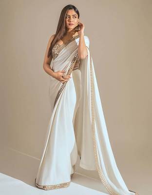 white silk blend saree with mirror work embroidery 2
