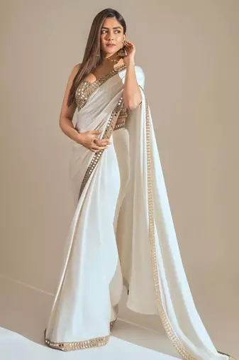 white silk blend saree with mirror work embroidery