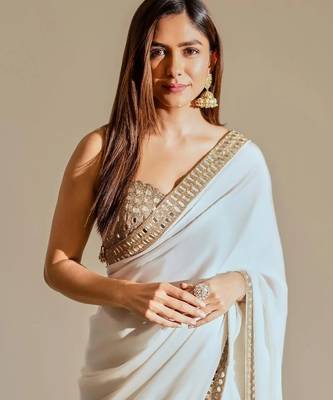 white silk blend saree with mirror work embroidery 3