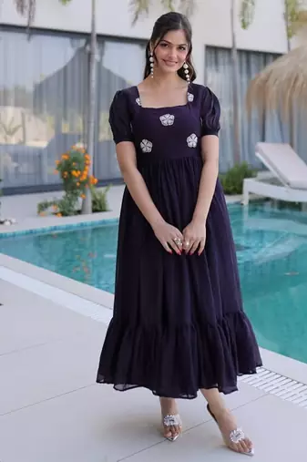 Purple Fendi Silk With Beads Embroidery Work Long Kurti