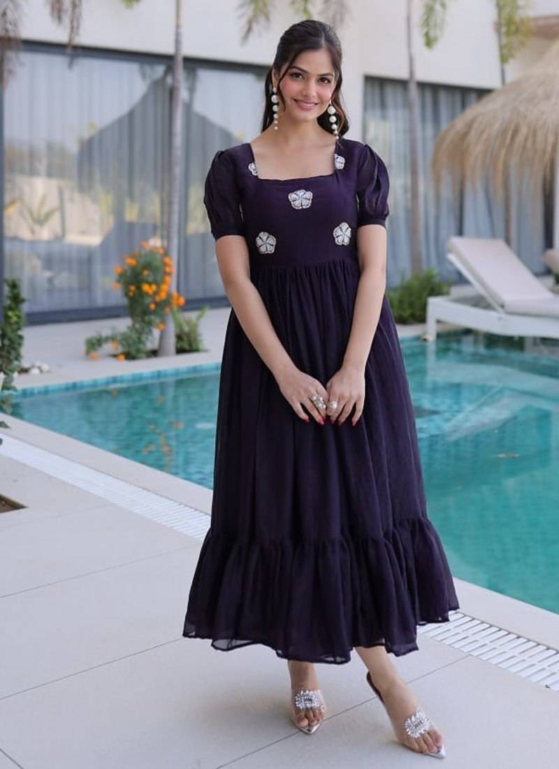 Purple Fendi Silk With Beads Embroidery Work Long Kurti