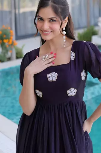 purple fendi silk kurti with beads embroidery work