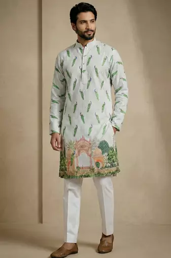 multicolor peacock print designer kurta trouser set