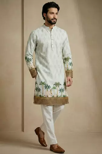 schiffli & tropical print cotton kurta trouser set