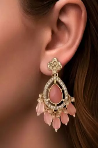 Rose pink & kundan pear-drop earrings