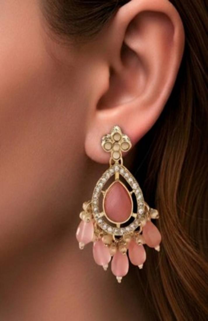 Rose pink & kundan pear-drop earrings