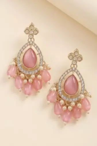Rose pink & kundan pear-drop earrings