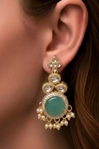 Mint green & kundan heritage drop earrings