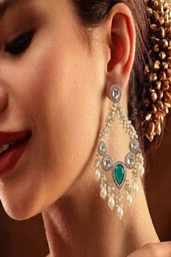Emerald pearl & kundan chandbali earrings