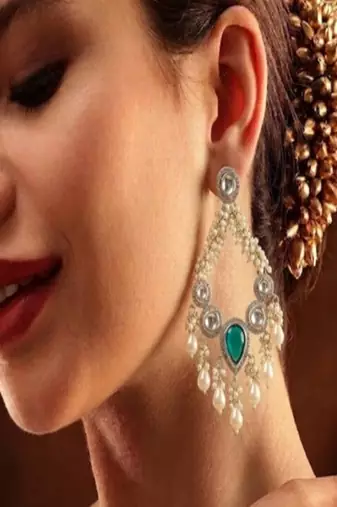 Emerald pearl & kundan chandbali earrings
