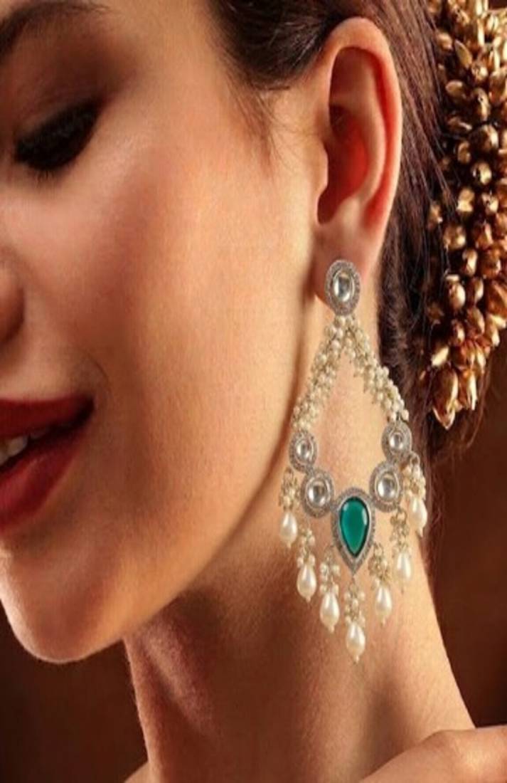 Emerald pearl & kundan chandbali earrings
