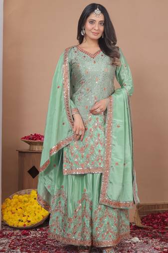 Green pista silk  party wear embroidery sharara  suit set