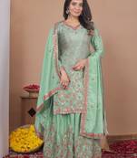 Green pista silk  party wear embroidery sharara  suit set