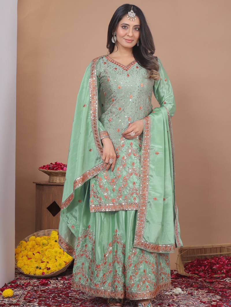 Green pista silk  party wear embroidery sharara  suit set
