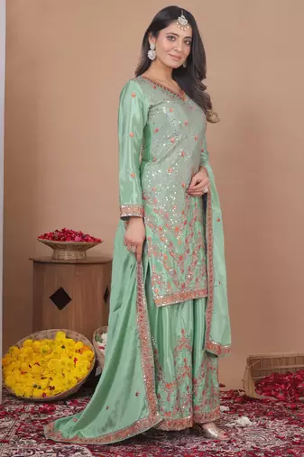 pista green embroidered silk sharara suit set