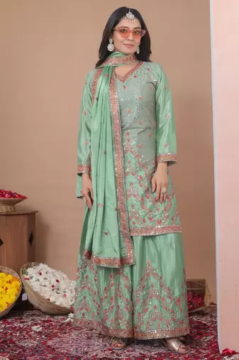 pista green embroidered silk sharara suit set