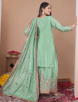 pista green embroidered silk sharara suit set 5