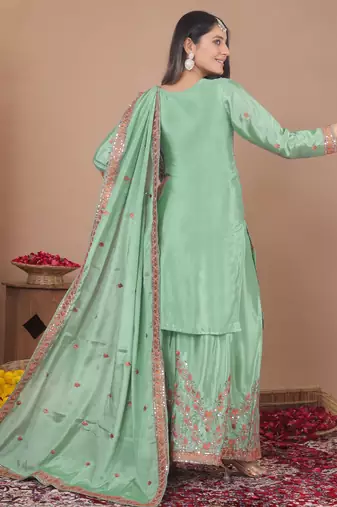 pista green embroidered silk sharara suit set