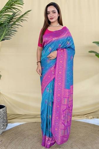 Blue Color Zari Weaving Desige Work Silk Saree