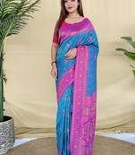 Blue Color Zari Weaving Desige Work art silk saree