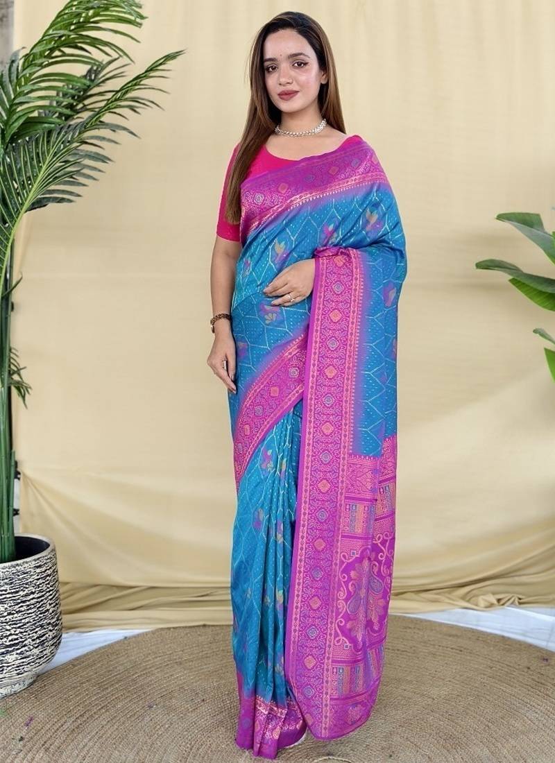 Blue Color Zari Weaving Desige Work Silk Saree