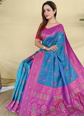 Blue Color Zari Weaving Desige Work art silk saree 3