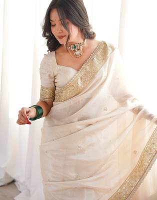 chiku silk saree with embroidered sequins work 2