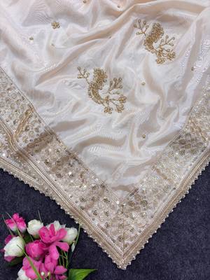 chiku silk saree with embroidered sequins work 4