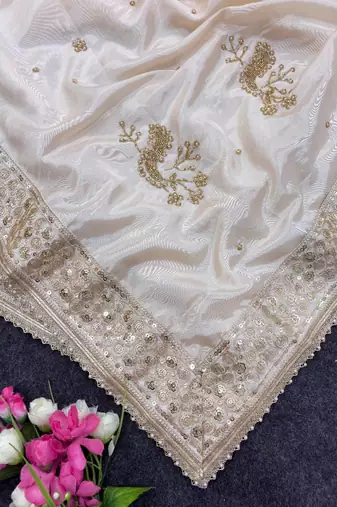 chiku silk saree with embroidered sequins work