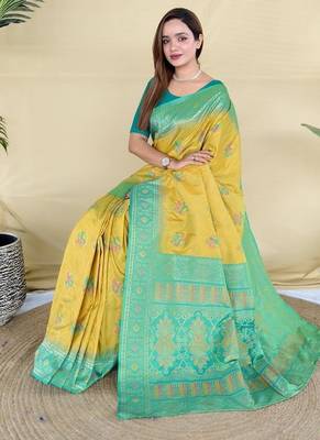 Yellow Color Zari Weaving Desige Work art silk saree 3