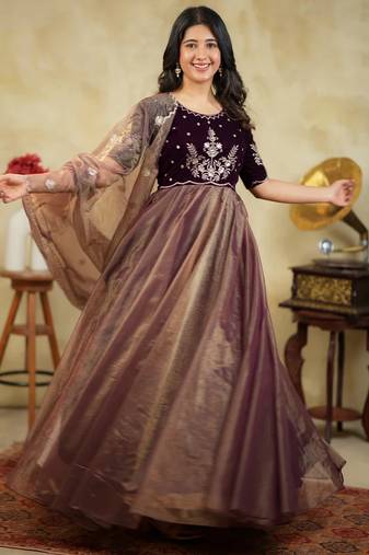 Embroidered Fit & Flared Maxi Ethnic Dress With Dupatta