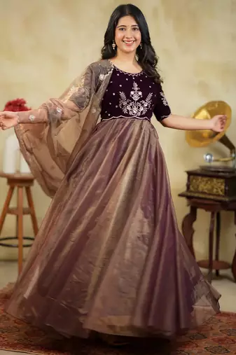 Embroidered Fit & Flared Maxi Ethnic Dress With Dupatta