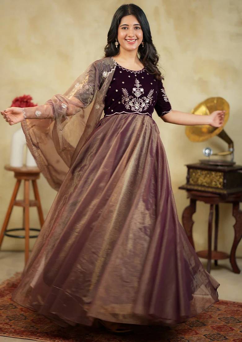 Embroidered Fit & Flared Maxi Ethnic Dress With Dupatta