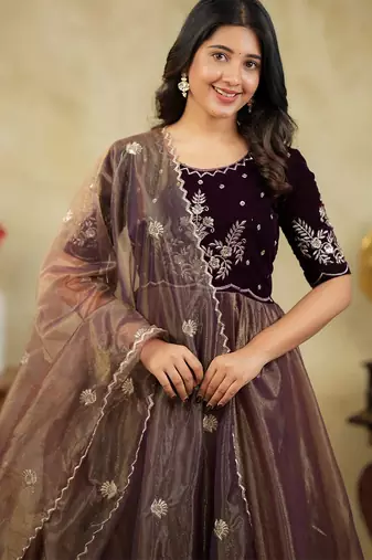 Embroidered Fit & Flared Maxi Ethnic Dress With Dupatta