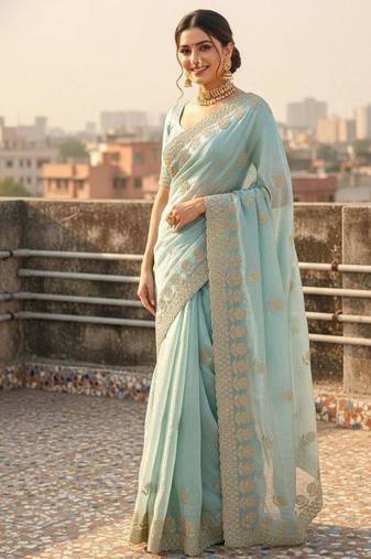 Sky blue embroidery work and all over sarees butta work with cutwork border work satin saree
