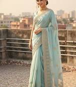 Sky blue embroidery work and all over sarees butta work with cutwork border work satin saree