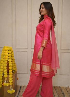Pink Embroidered Viscose Kurta Set with Pant & Chanderi Dupatta | Ethnic for Women 2