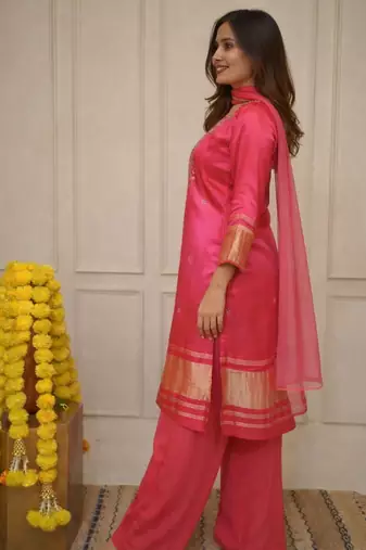 Pink Embroidered Viscose Kurta Set with Pant & Chanderi Dupatta | Ethnic for Women