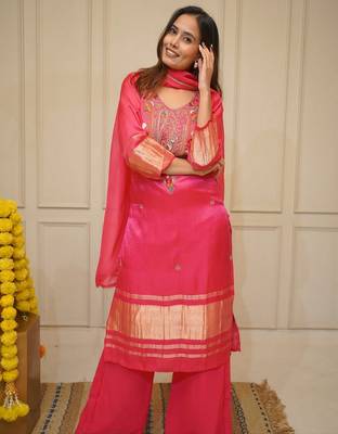 Pink Embroidered Viscose Kurta Set with Pant & Chanderi Dupatta | Ethnic for Women 4
