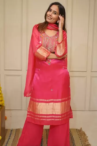 Pink Embroidered Viscose Kurta Set with Pant & Chanderi Dupatta | Ethnic for Women