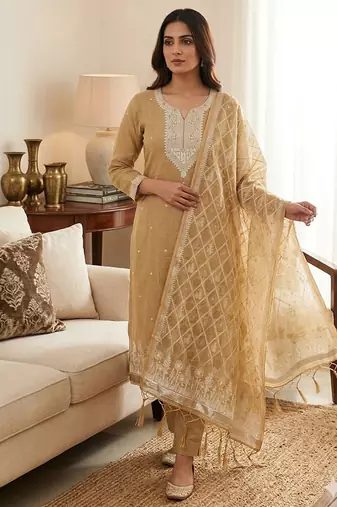 Traditional muga cotton suit set with intricate jamdani work