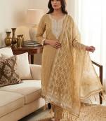 Traditional muga cotton suit set with intricate jamdani work