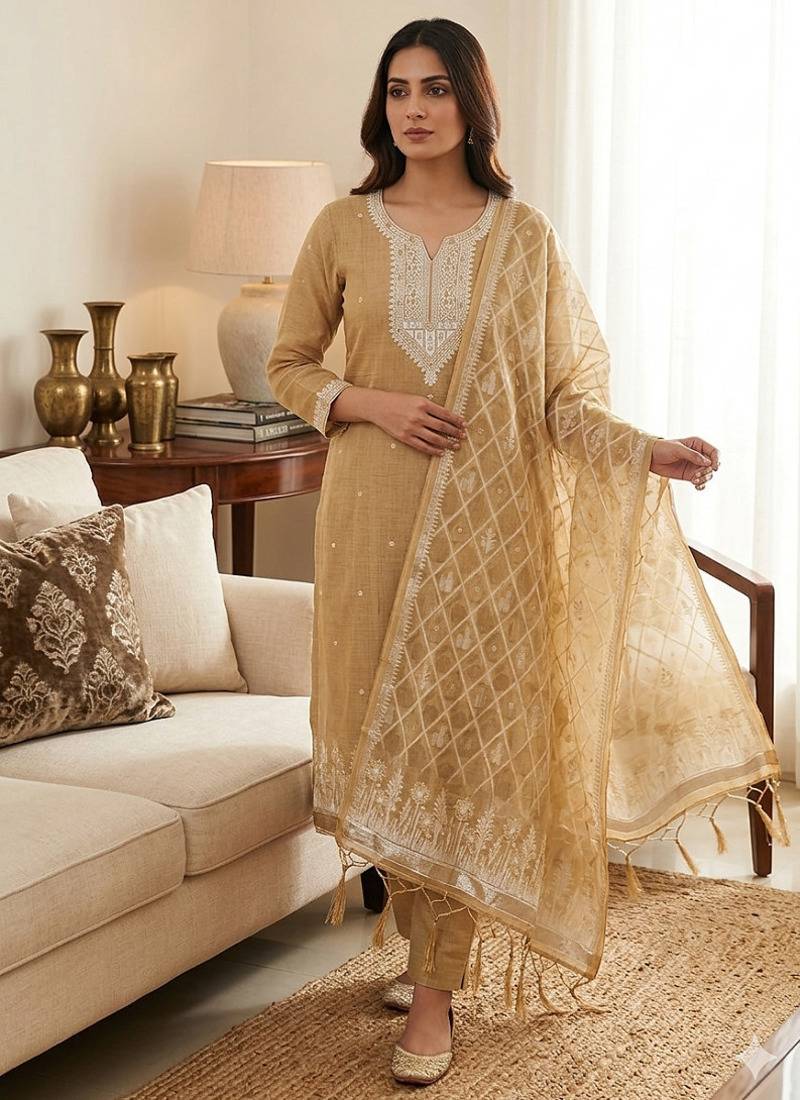 Traditional muga cotton suit set with intricate jamdani work