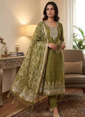 Traditional muga cotton suit set with intricate jamdani work 1
