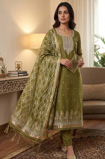 Traditional muga cotton suit set with intricate jamdani work