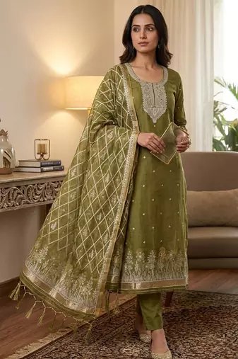 Traditional muga cotton suit set with intricate jamdani work