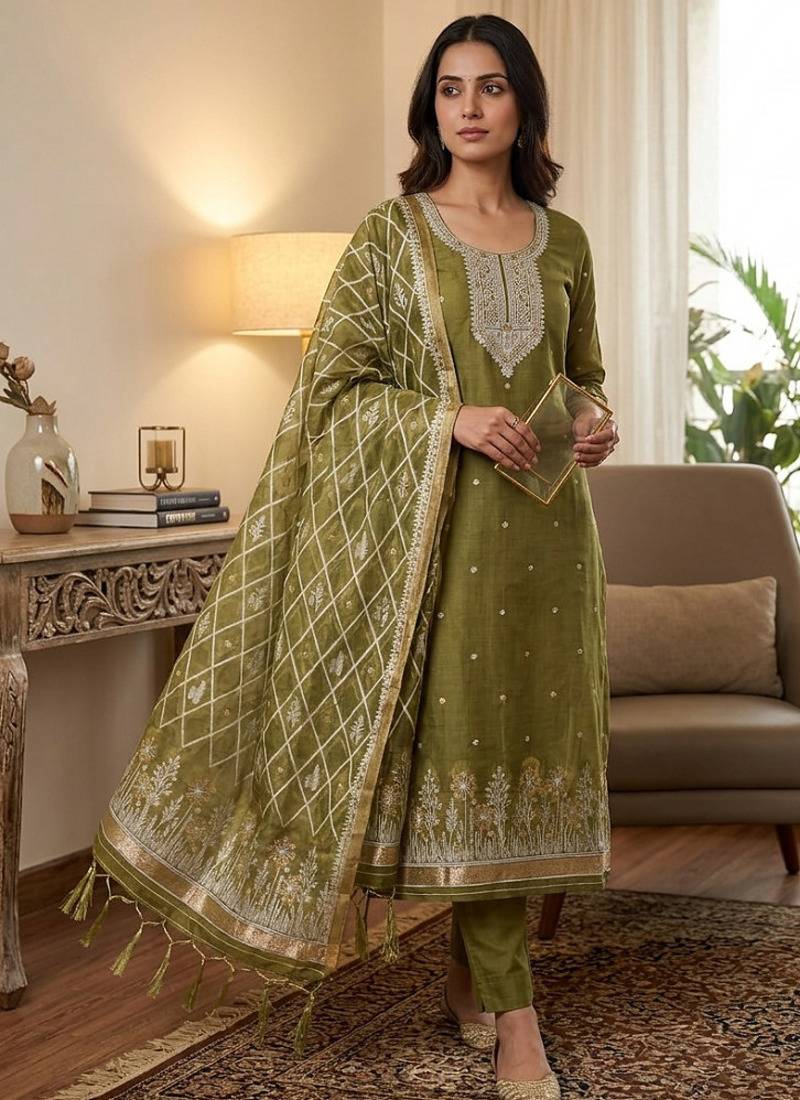 Traditional muga cotton suit set with intricate jamdani work
