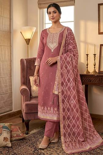 Traditional muga cotton suit set with intricate jamdani work